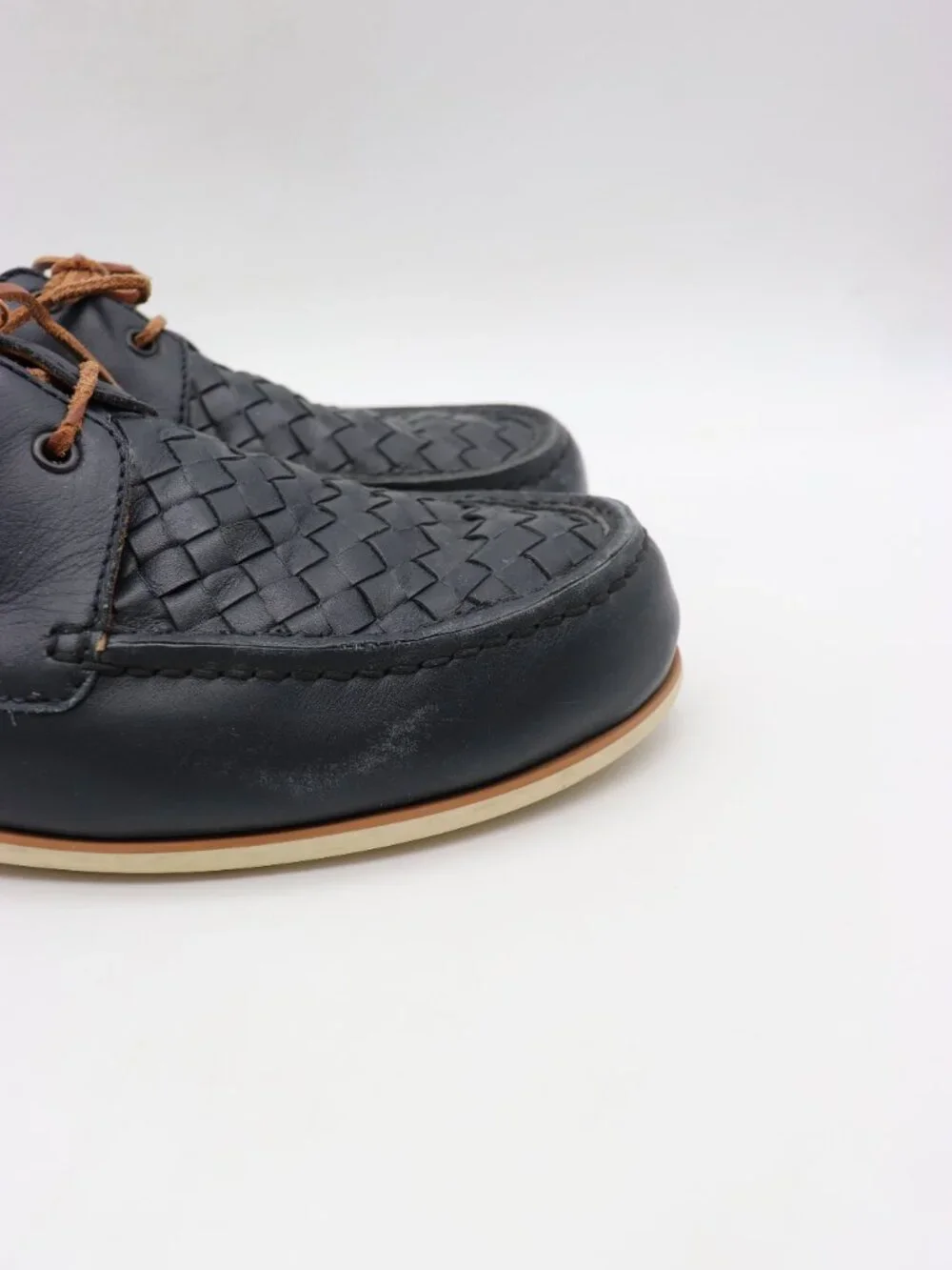 Bottega Veneta Boat Shoes Men's Size EU 44.5 Navy Leather Lace Up Loafers Italy